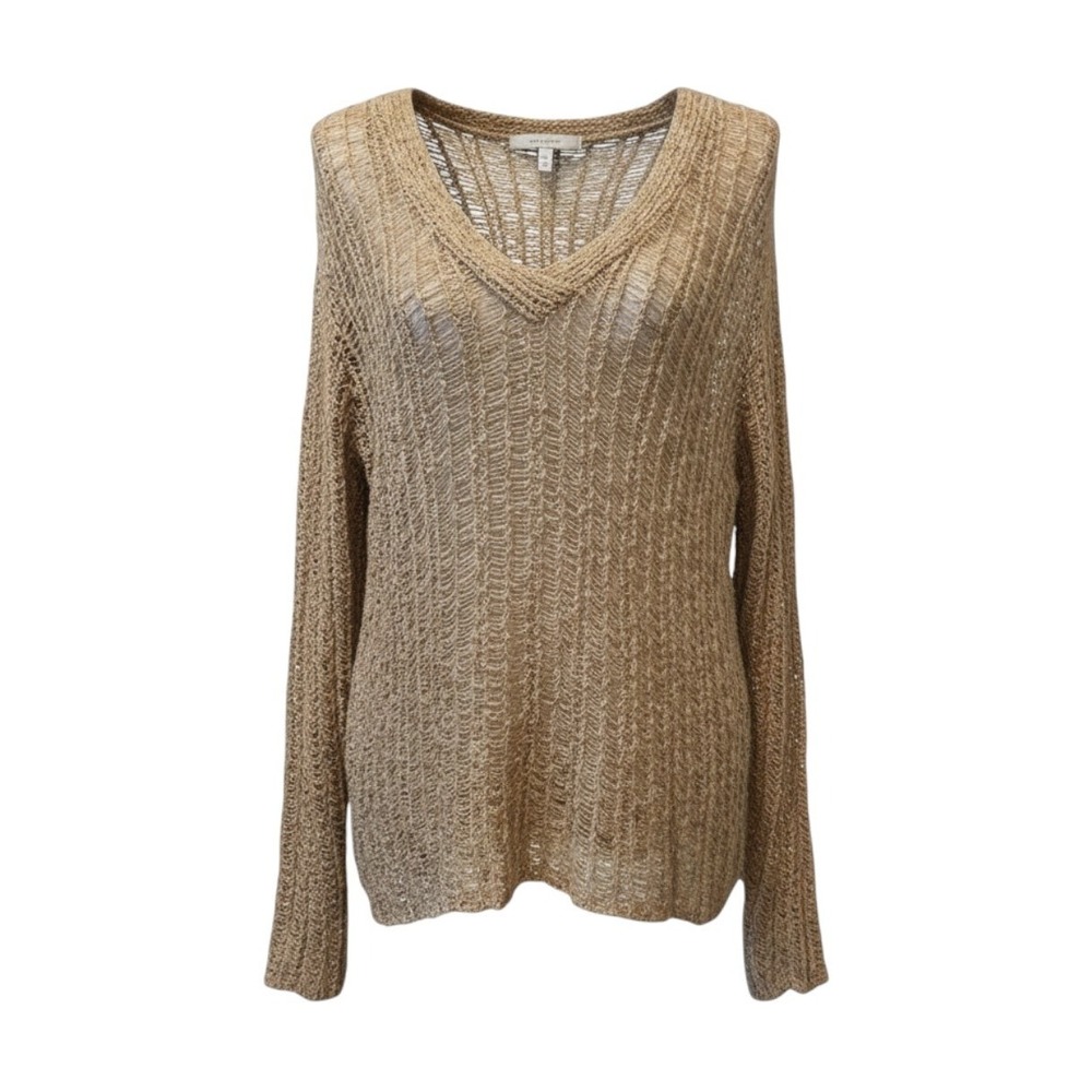 Chico's‎ Open Knit V-Neck Sweater Metallic Gold Boho Shimmer Size 2 L